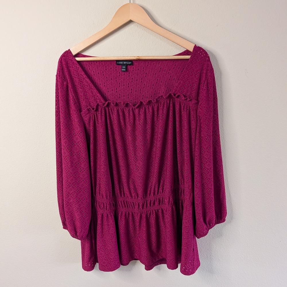 Lane Bryant Peasant Eyelet Peplum Blouse Size 18/20 Magenta Long‎ Sleeve